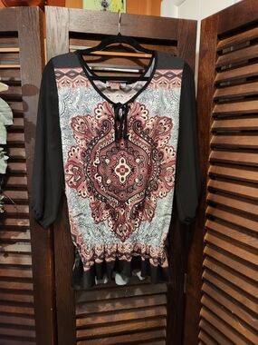 Carol Rose Black and Rose Paisley Tie-Front Blouse